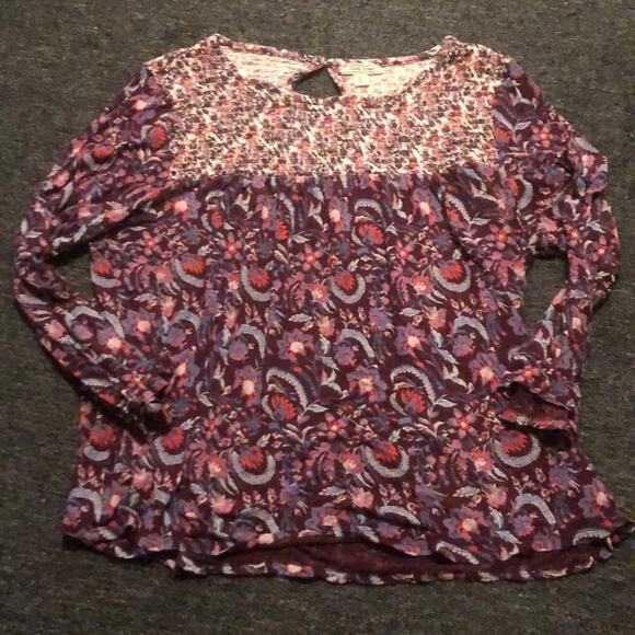 Lucky Brand Women's XL Purple Red Blue Floral Smocked Top Boho Peasant - Picture 1 of 6